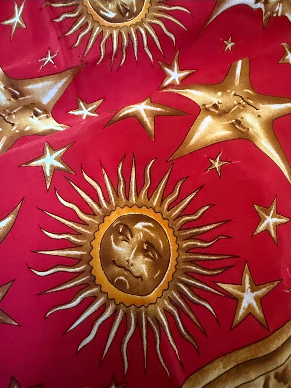 Vintage Casca 100% Silk Scarf Red & Gold Baroque Zodiac Sun Moon Star Motif